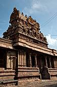 The great Chola temples of Tamil Nadu - The Airavatesvara temple of Darasuram. View of the gopura from inside the temple walls 